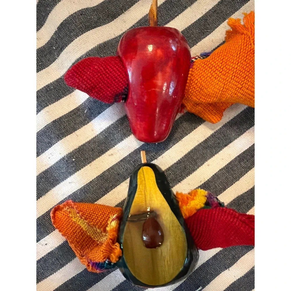 Vintage Artisan Hand Carved Wood Fruit Napkin Rings Set of 4 Avocado Apple Pear